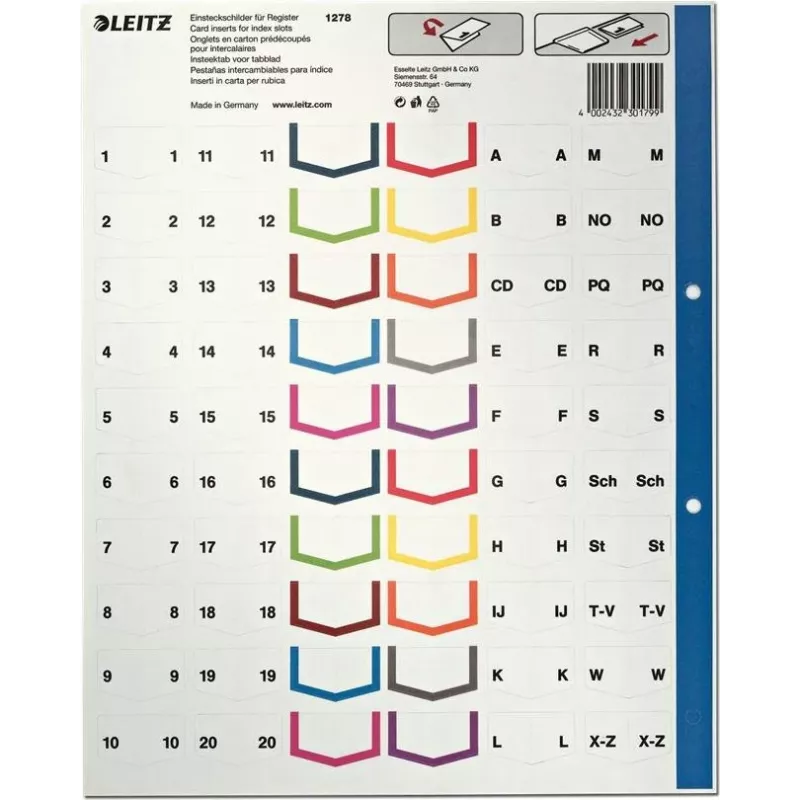 LEITZ Índices de plástico A4 extra anchos en blanco, 20 divisiones, perforación universal, blanco translúcido 1278-00-00
