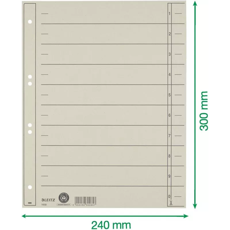 LEITZ Separadores de registro A4 extragrandes, cartón manila 230 g/m², gris teñido en masa, pestañas en blanco, 100 hojas 1658-00-85