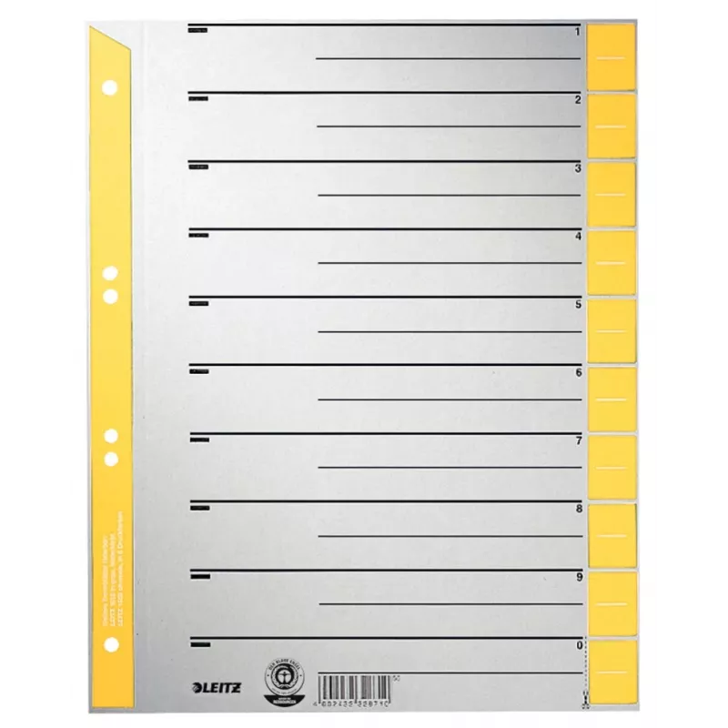 LEITZ separadores A4 de sobreancho de cartón kraft, 230 g/m², gris con pestañas amarillas en blanco, set de 10 piezas 1652-00-15