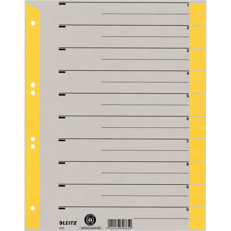 LEITZ separadores A4 de sobreancho de cartón kraft, 230 g/m², gris con pestañas amarillas en blanco, set de 10 piezas 1652-00-15