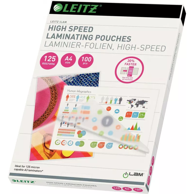 Leitz A4 Fundas de laminar, 80 micras, brillante, pack de 100, jam-free UDT 7430-00-02