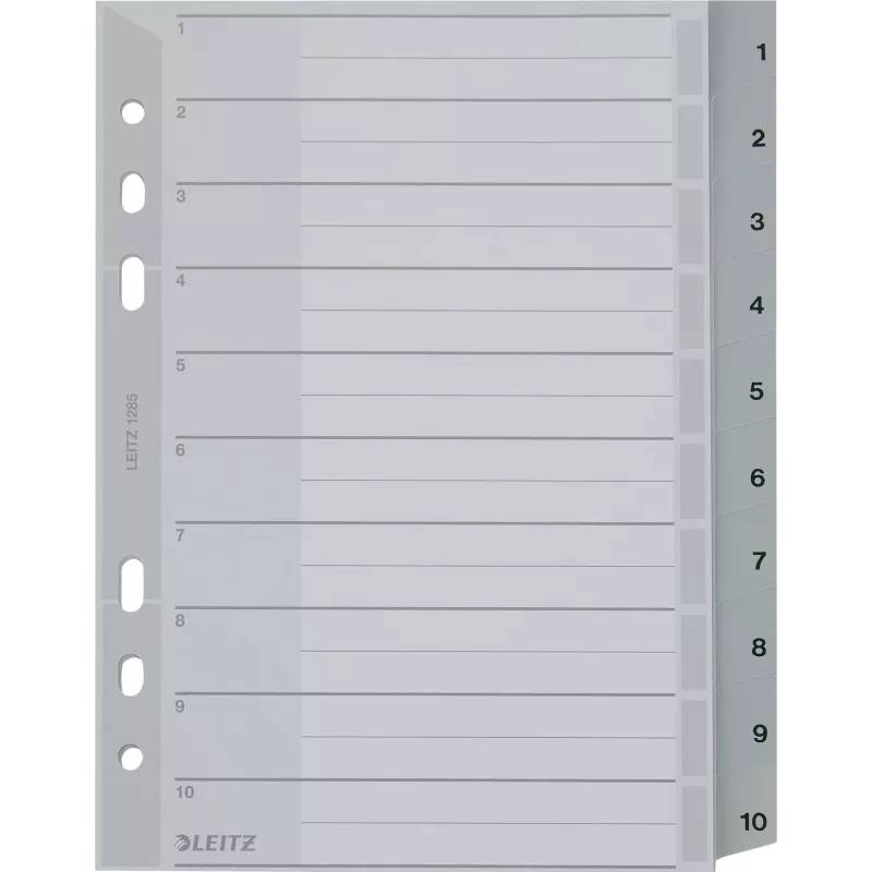LEITZ Índice de plástico A5, numerado 1-10, gris, 10 elementos, polipropileno, 0,12 mm, con portada etiquetable 1285-00-00