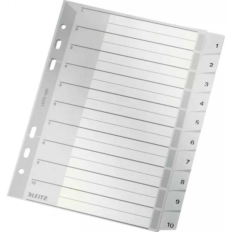 LEITZ Índice de plástico A5, numerado 1-10, gris, 10 elementos, polipropileno, 0,12 mm, con portada etiquetable 1285-00-00