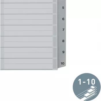 LEITZ Índice de plástico A5, numerado 1-10, gris, 10 elementos, polipropileno, 0,12 mm, con portada etiquetable 1285-00-00