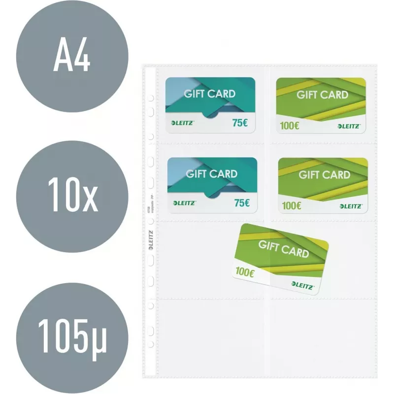 LEITZ Funda presentadora de tarjetas de visita para 16 tarjetas, A4, PP transparente, 0,11 mm, apertura lateral, apta para archivo (4758-30-03)