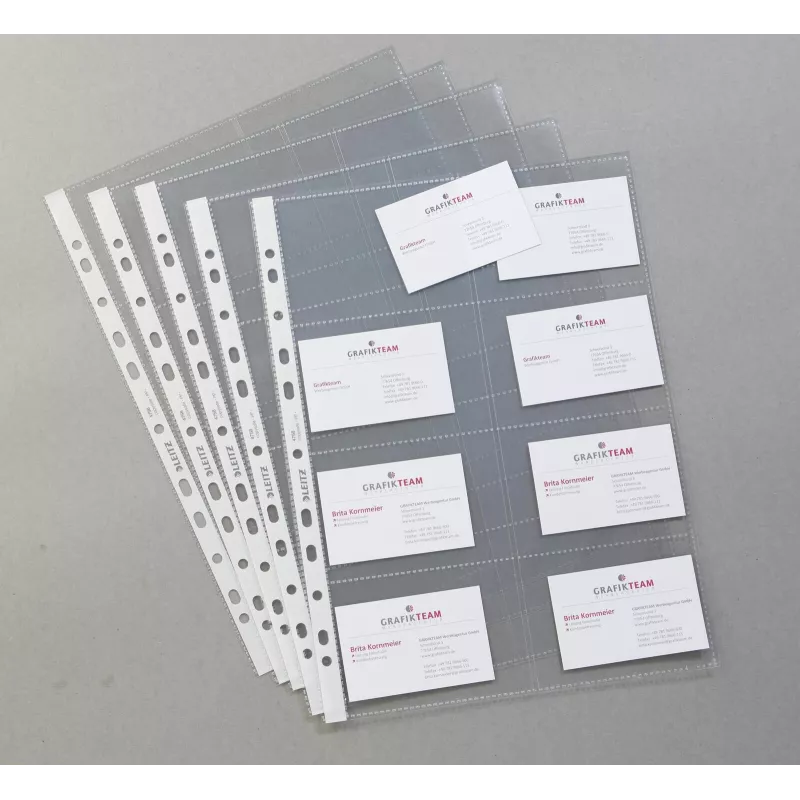LEITZ Funda presentadora de tarjetas de visita para 16 tarjetas, A4, PP transparente, 0,11 mm, apertura lateral, apta para archivo (4758-30-03)
