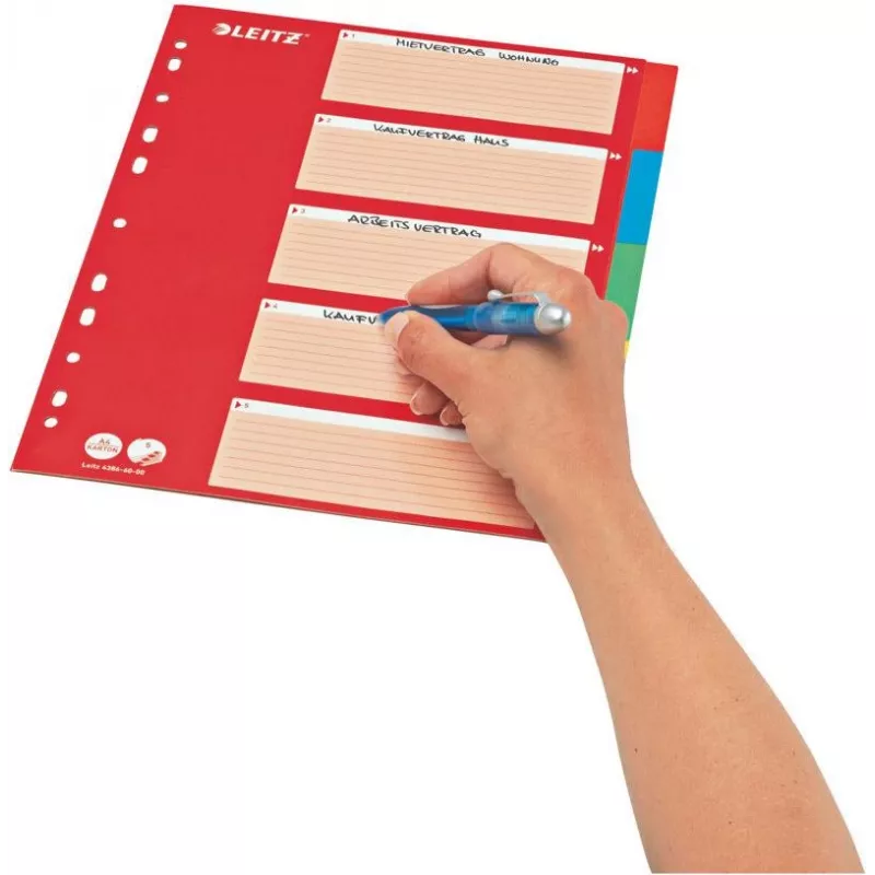 LEITZ Separadores de cartón, pestañas en blanco, A4, 5 partes, multicolor, 160 g/m², con portada roja etiquetable 250 g/m² (4386-60-00)
