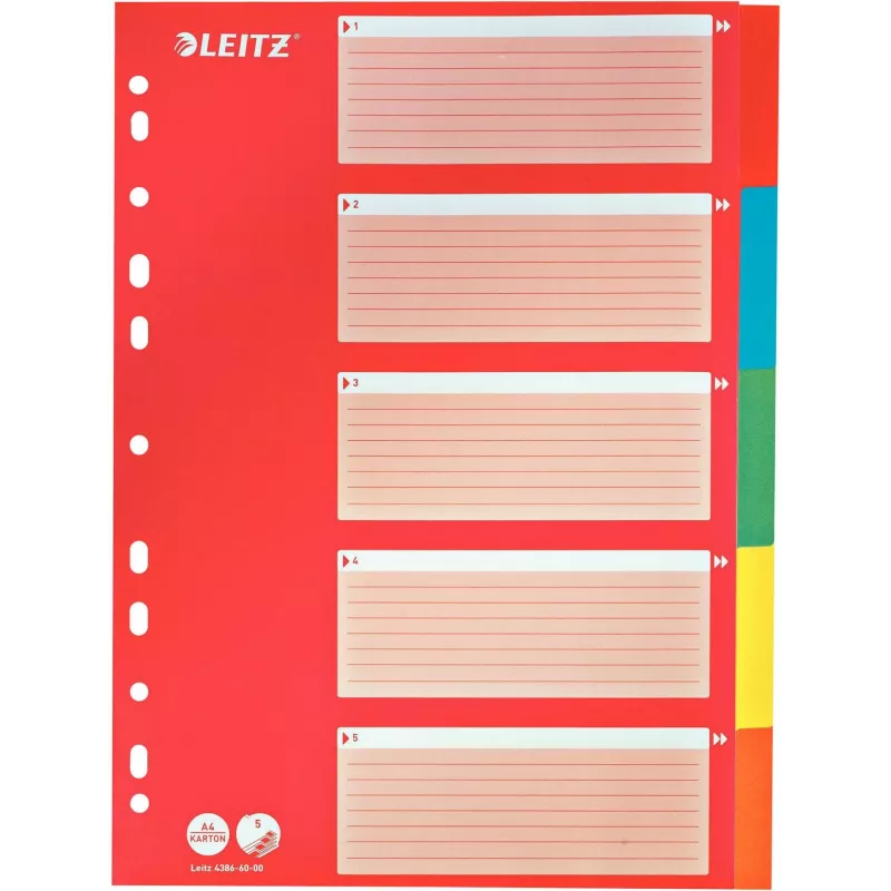 LEITZ Separadores de cartón, pestañas en blanco, A4, 5 partes, multicolor, 160 g/m², con portada roja etiquetable 250 g/m² (4386-60-00)