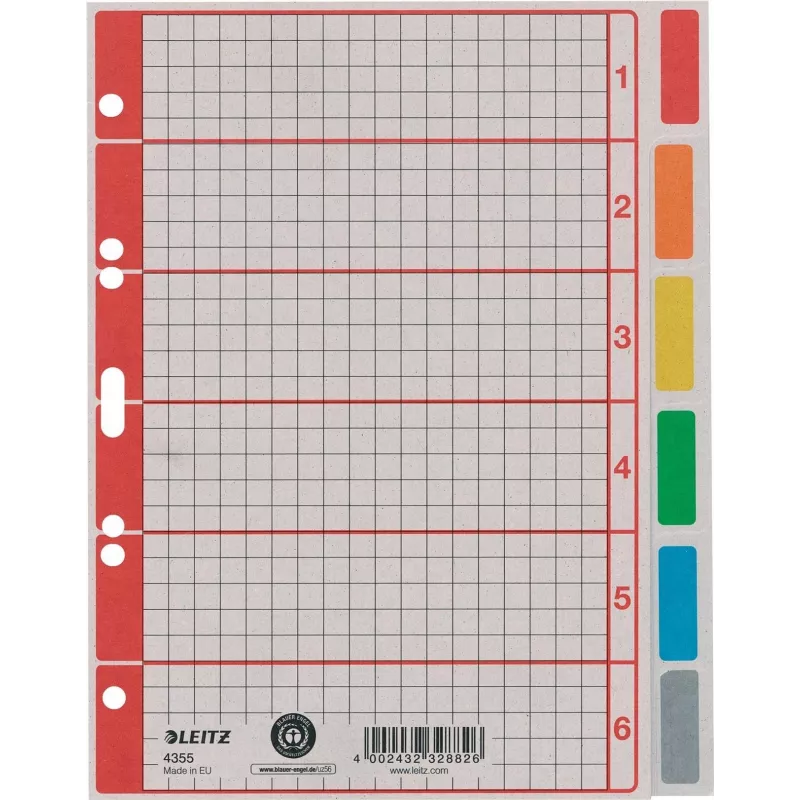 LEITZ separador de cartón extragrueso, en blanco, A5, 6 partes, gris 230 g/m², portada con cuadrícula para escribir 4355-00-85