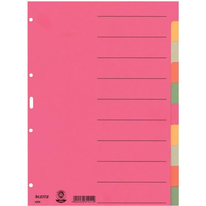 LEITZ separador de cartón extra resistente, pestañas en blanco, A4, 10 partes, multicolor, 230 g/m², cartón teñido en 5 colores (4359-00-00)