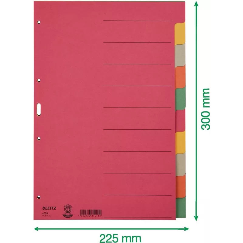 LEITZ separador de cartón extra resistente, pestañas en blanco, A4, 10 partes, multicolor, 230 g/m², cartón teñido en 5 colores (4359-00-00)
