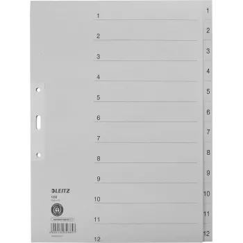 LEITZ Separadores Manila, numéricos 1-12, A4 extra ancho, gris, 12 partes, 100 g/m², perforación de 80 mm, agujeros reforzados 1233-00-85