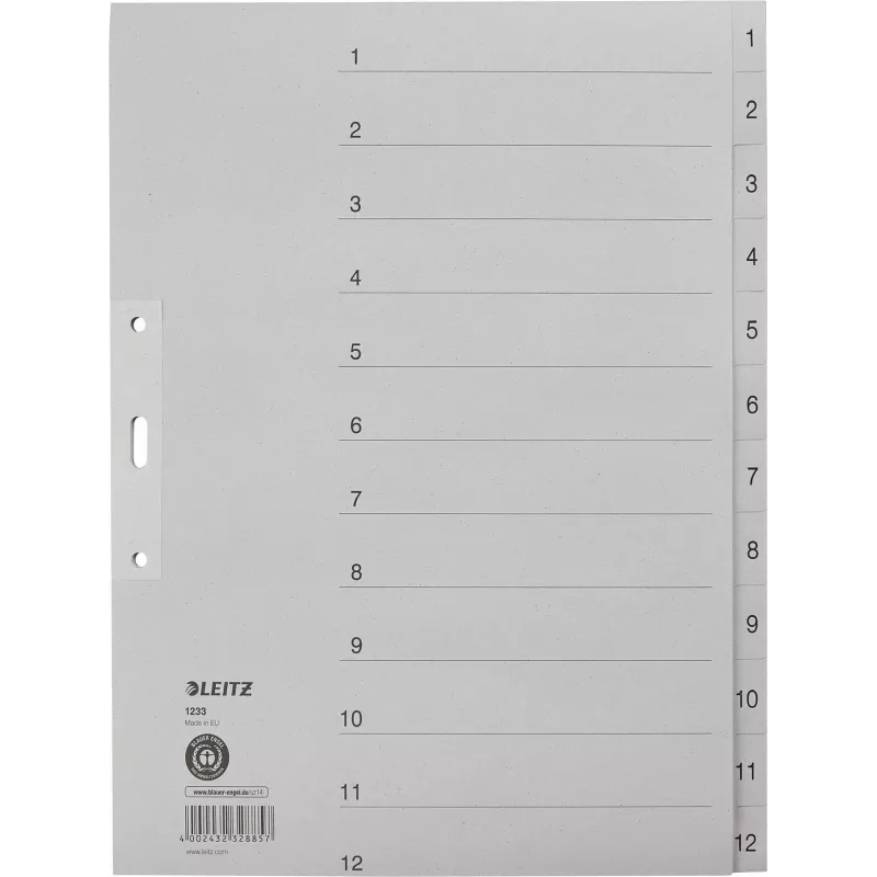 LEITZ Separadores Manila, numéricos 1-12, A4 extra ancho, gris, 12 partes, 100 g/m², perforación de 80 mm, agujeros reforzados 1233-00-85