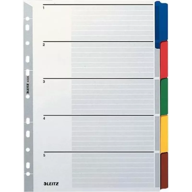 LEITZ Separadores de cartón Mylar, en blanco, A4, 5 partes, pestañas grises, 160 g/m², con portada etiquetable 4320-00-00