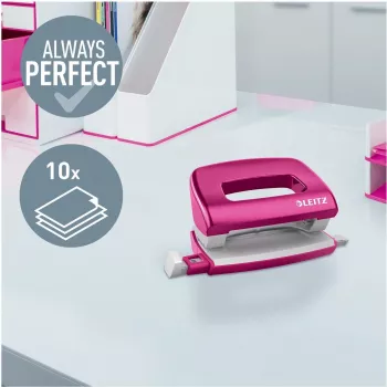 Leitz NeXXt Series WOW mini perforadora metálica, rosa, 2 taladros, 10 hojas, acabado metálico 5060-10-23