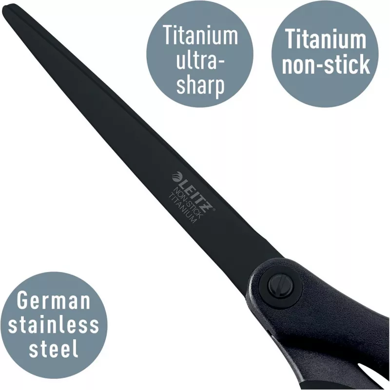 Leitz Titanium Quality Tijeras 180 mm, hojas de acero inoxidable con recubrimiento de titanio, mangos ergonómicos Soft-Grip, Negro/Rojo, para papel y tela 5419-60-95