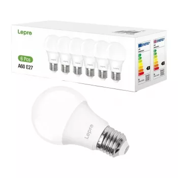 LEPRO 100090-DW-EU-6 Lámpara LED, E27, A60, 8,5 W (equivalente a 60 W), 806 lm, 6500 K blanco frío, ángulo de emisión de 180°, pack de 6