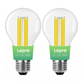 LEPRO 100094-WW-EU-2 Bombilla LED filamento E27, 7,2 W (equivale a 100 W), 1521 lm, 2700K blanco cálido, clase energética A, pack de 2