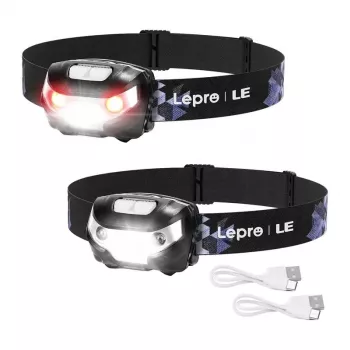 LEPRO 3200008-2 Linterna frontal LED, pack de 2, 300 lúmenes, recargable, IPX4, negra