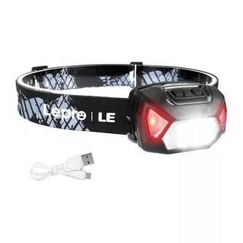 LEPRO 320014 Linterna Frontal LED Recargable por USB con Foco CREE XPE, Luz COB, Luz Roja, IPX4 Impermeable, 300 Lúmenes, Batería 1200mAh, Cinta Elástica Ajustable - Negro