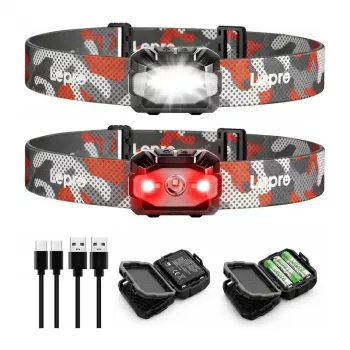 LEPRO 320023-2 Linterna frontal LED recargable por USB, 300 lúmenes, 6 modos, IPX4, pack de 2