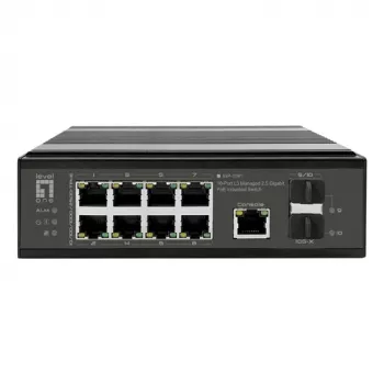 LevelOne Switch PoE+ industrial 8x 2,5G PoE, 2x 1G, 2x 10G SFP+ Uplinks, no gestionado, carril DIN, IP30