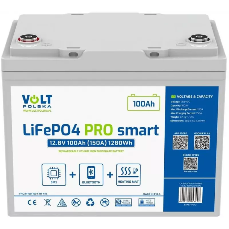 Batería LiFePO4 Volt Polska PRO SMART 12,8 V 100 Ah (150 A) BMS BLUETOOTH + ALMOHADILLA TÉRMICA