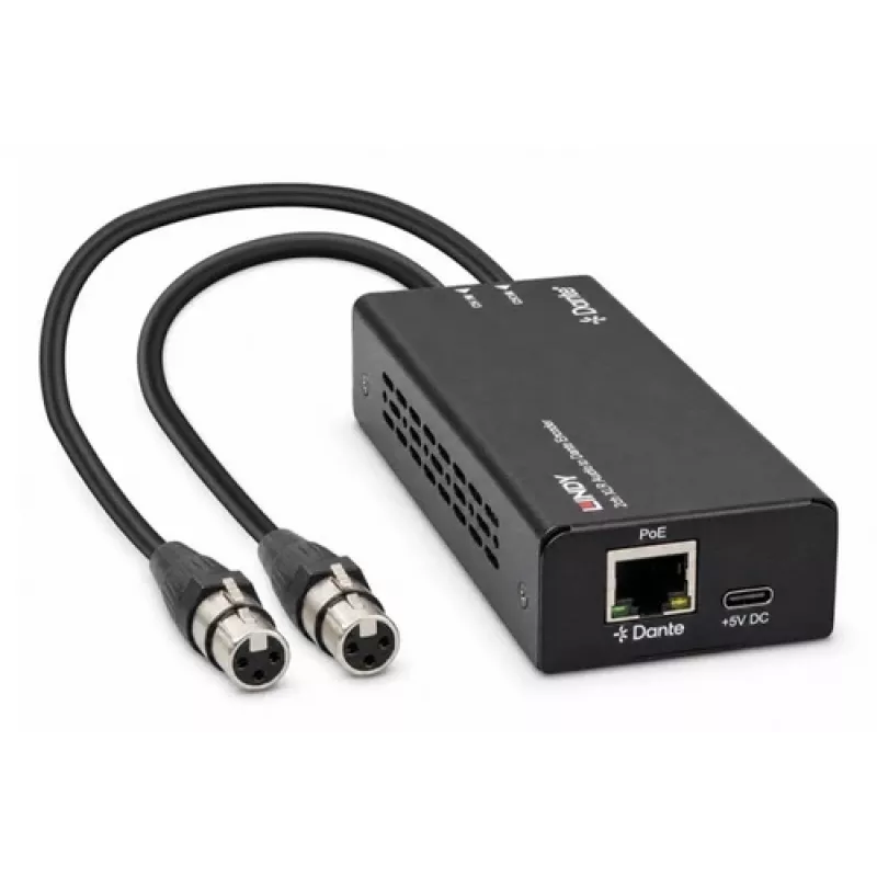 LINDY codificador de audio XLR a Dante de 2 canales, PoE, AES67, 24 bits/96kHz 70618