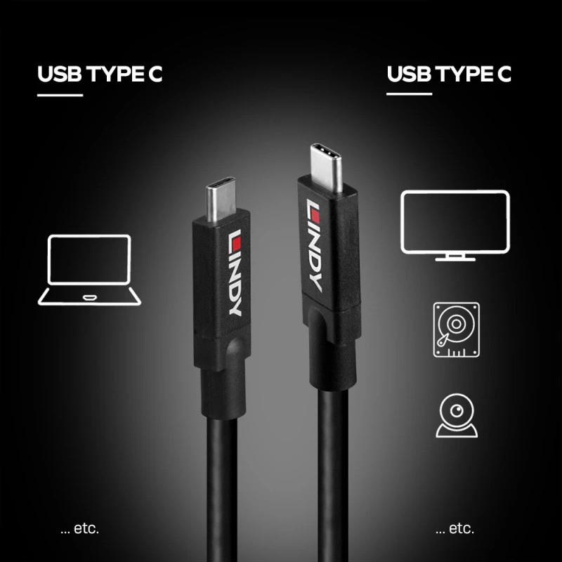 Lindy 43439 USB 3.2 Gen 2 Cable activo de USB-C a USB-C, 8 m, 10 Gbps, 8K60, 100 W PD