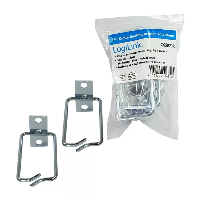 LogiLink Brida de gestión de cables de 19 pulgadas 40 x 80 mm, acero, 2 uds.