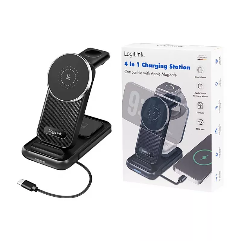 Logilink Cargador de mesa inalámbrico 4 en 1, base de carga Qi 15W (PA0292)