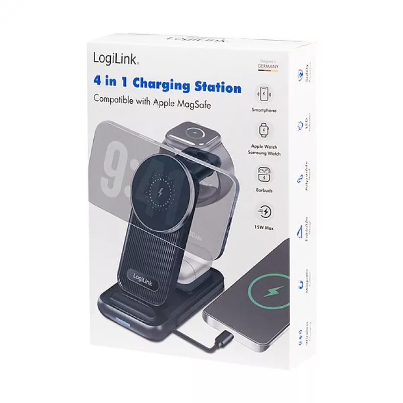 Logilink Cargador de mesa inalámbrico 4 en 1, base de carga Qi 15W (PA0292)