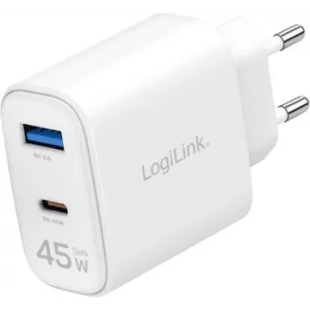 LogiLink Cargador de pared USB GaN de 45W, 1x USB-C PD, 1x USB-A QC, blanco, enchufe europeo (PA0410)