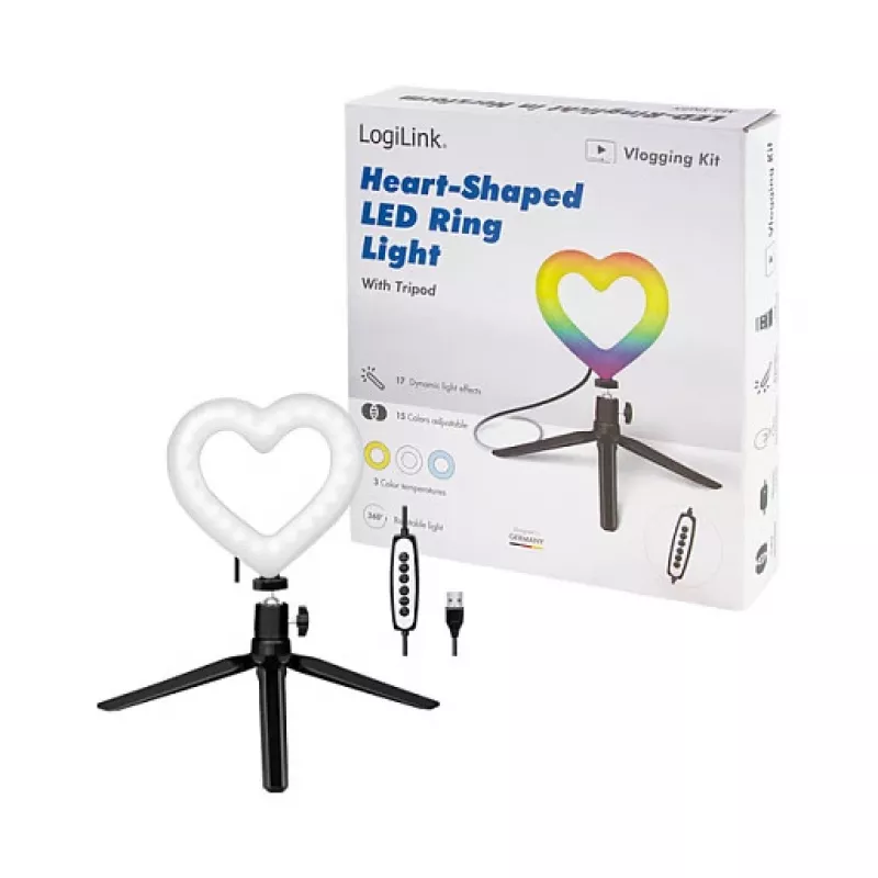 Anillo de luz LED Logilink AA0155 con forma de corazón y trípode, 20,5 cm, 10 niveles de brillo, 3000K-6000K, USB-A