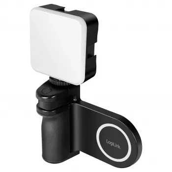 Empuñadura magnética para teléfono Logilink AA0173 con luz de relleno LED, negra, recargable, compatible con MagSafe, 3 modos de luz