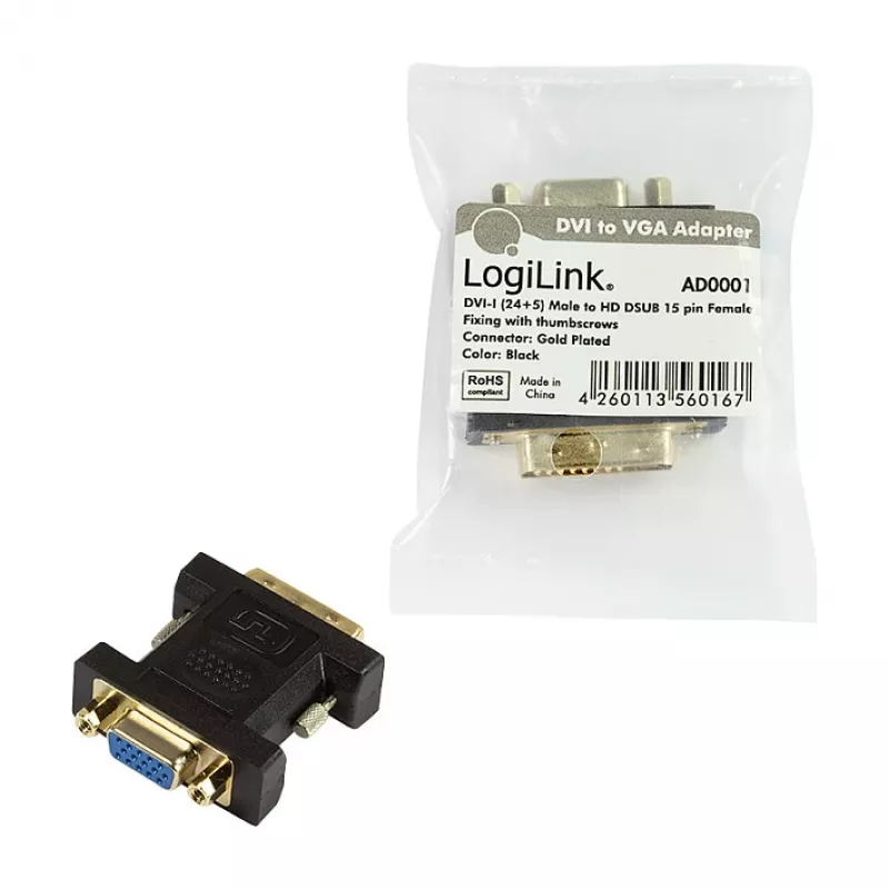 LogiLink AD0001 Adaptador DVI-I a VGA, conector macho DVI-I a conector hembra HD15, 1080p, Negro