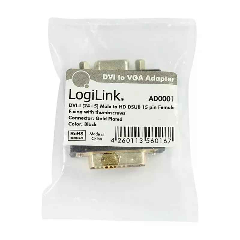 LogiLink AD0001 Adaptador DVI-I a VGA, conector macho DVI-I a conector hembra HD15, 1080p, Negro
