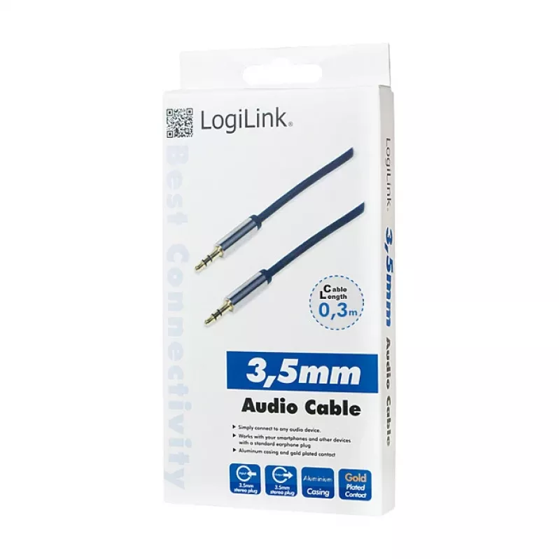 LogiLink CA10030 Cable de audio jack 3,5 mm TRS, conector metálico, azul, 0,3 m