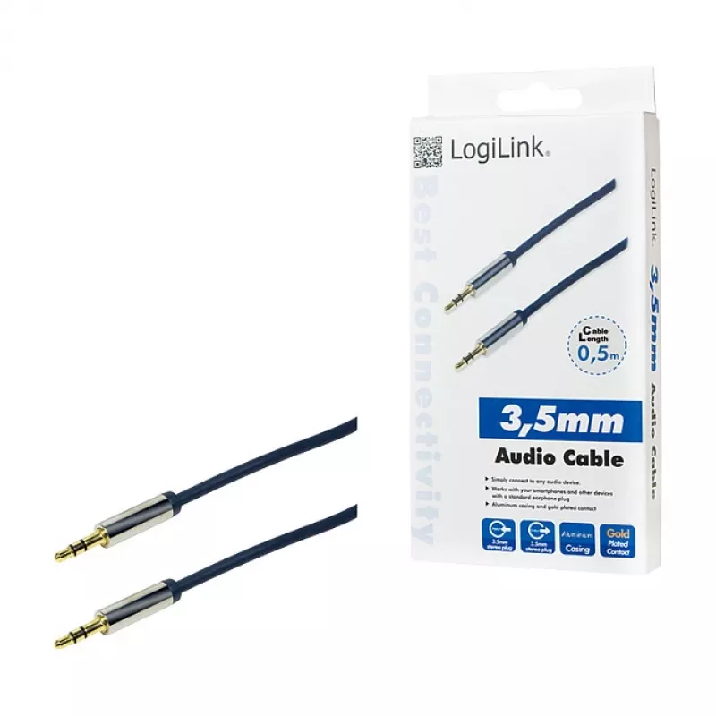 LogiLink CA10050 Cable de audio estéreo conector TRS de 3,5 mm a conector TRS de 3,5 mm, conectores metálicos, azul, 0,5 m