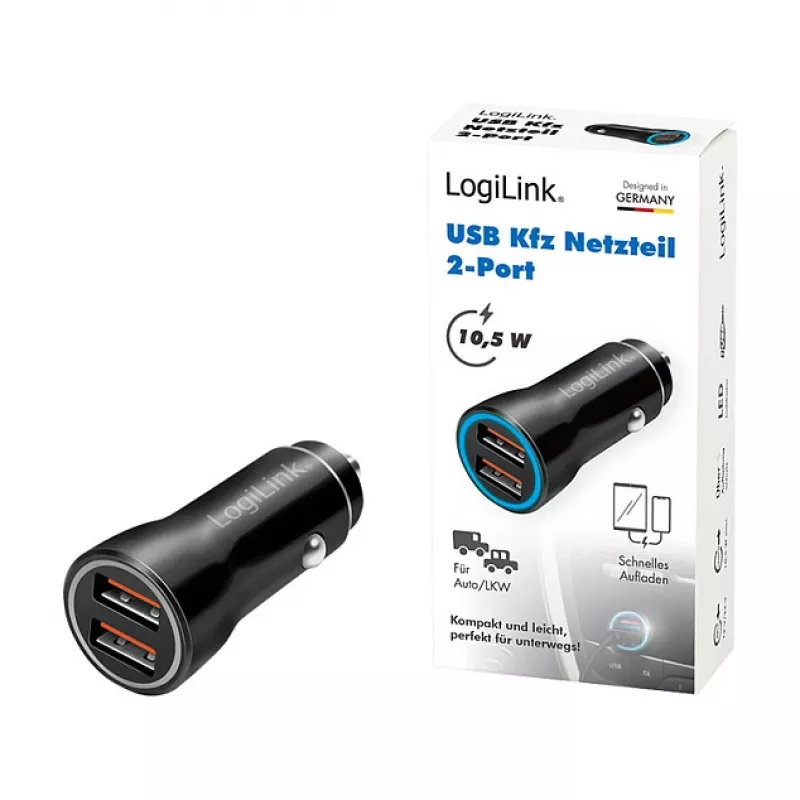 LogiLink PA0285 cargador USB para coche de 2 puertos 10,5 W, con LED, negro