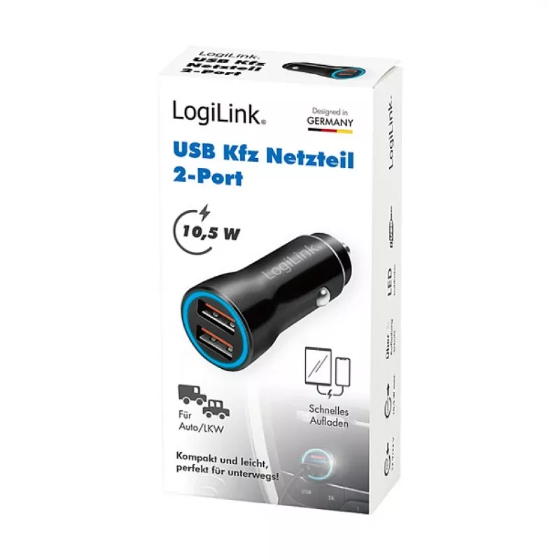 LogiLink PA0285 cargador USB para coche de 2 puertos 10,5 W, con LED, negro