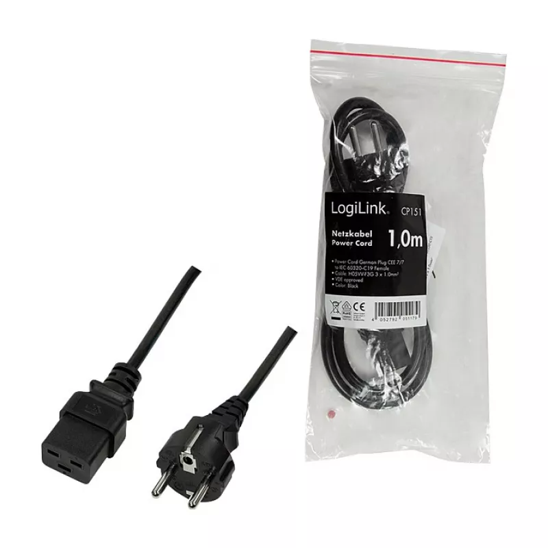 Logilink CP151 Cable de alimentación, CEE 7/7 a IEC C19, Negro, 1 m