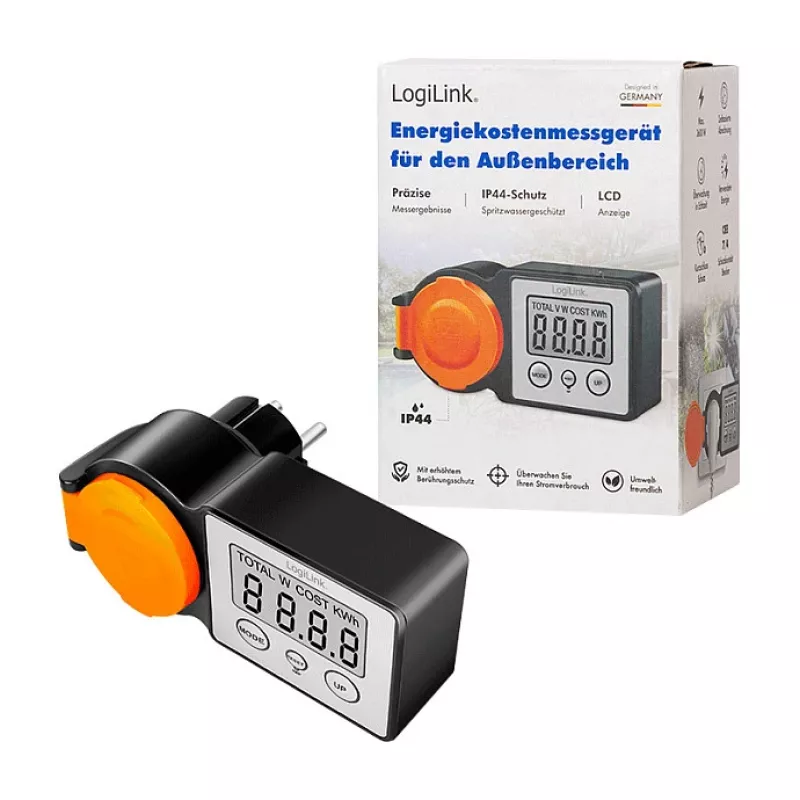 LogiLink Medidor de costes de energía para exteriores, pantalla LCD, negro/naranja
