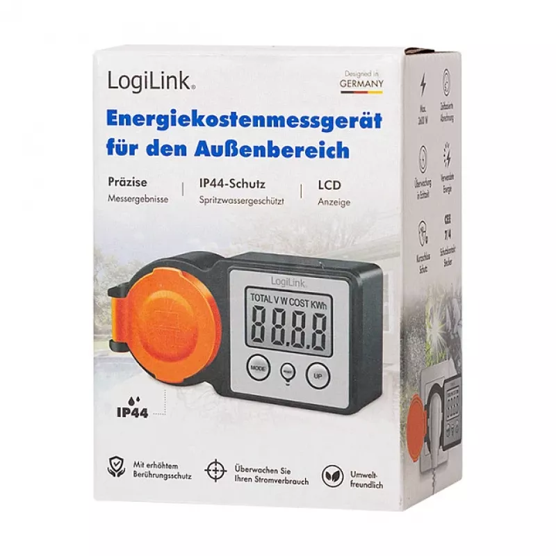 LogiLink Medidor de costes de energía para exteriores, pantalla LCD, negro/naranja