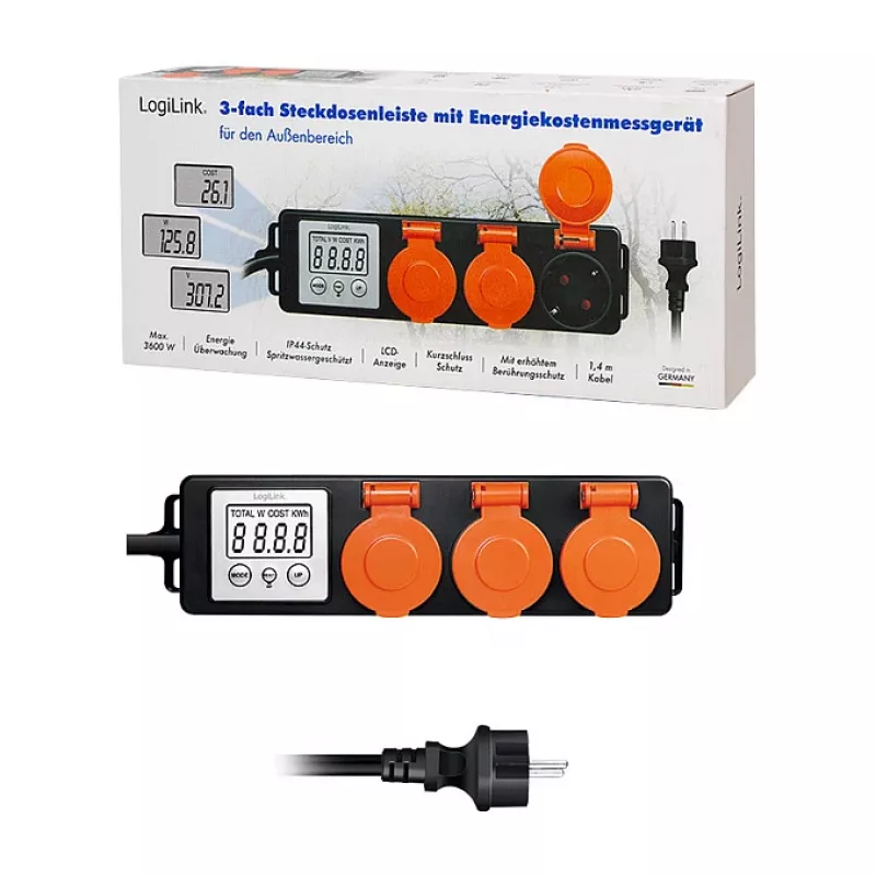 LogiLink Medidor de costes de energía para exteriores con 3 tomas