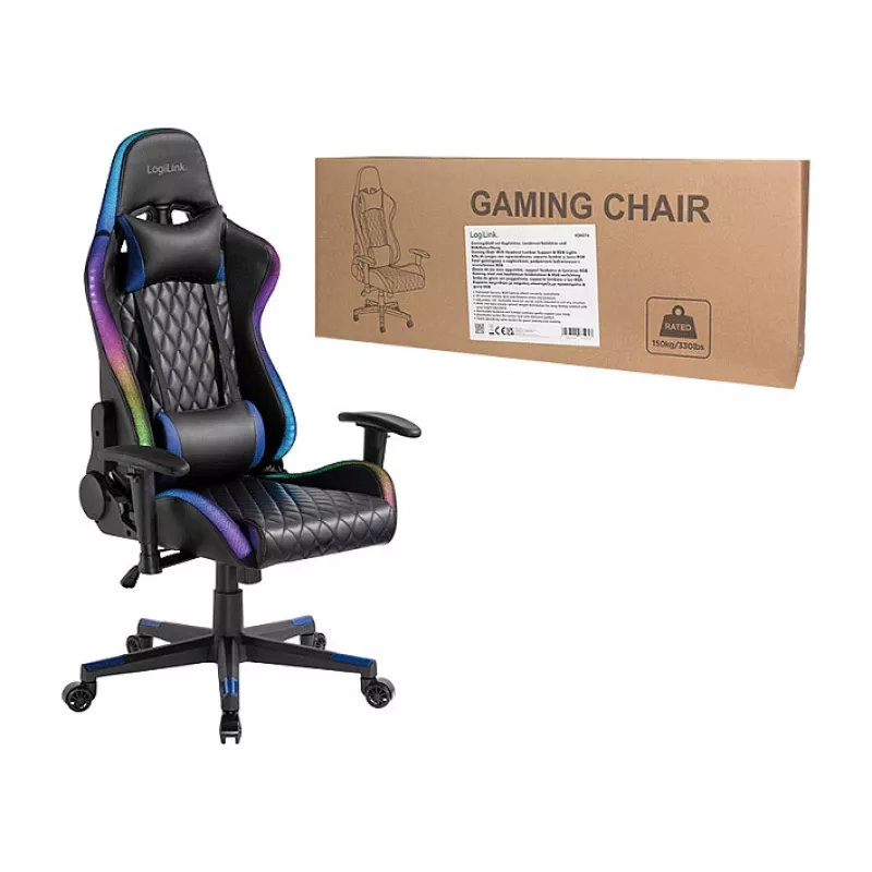 LogiLink EO0076 Silla gaming con iluminación RGB, soporte lumbar, Negro/Azul