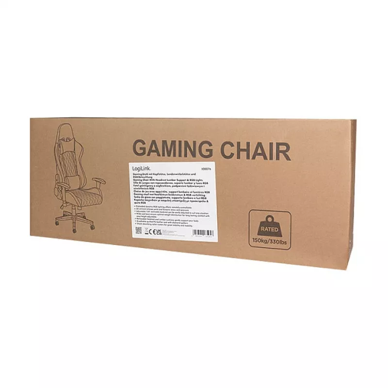 LogiLink EO0076 Silla gaming con iluminación RGB, soporte lumbar, Negro/Azul