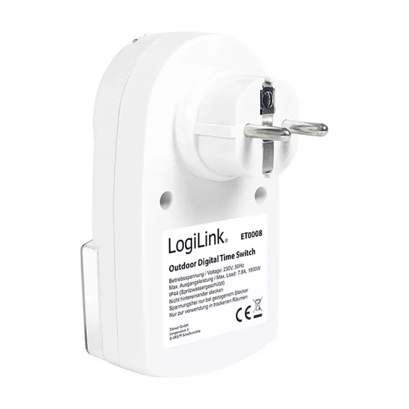 LOGILINK ET0008 Temporizador digital exterior - IP44, 10 programas ON/OFF, 16A/3680W, Schuko (tipo F), negro/gris