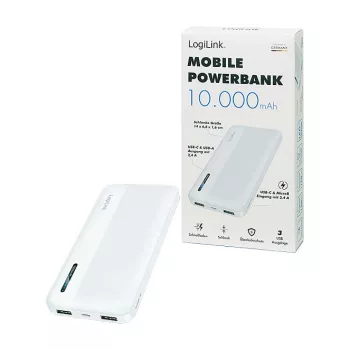 Batería externa móvil Logilink, LiPo, 10000 mAh, USB-C entrada/salida, blanco