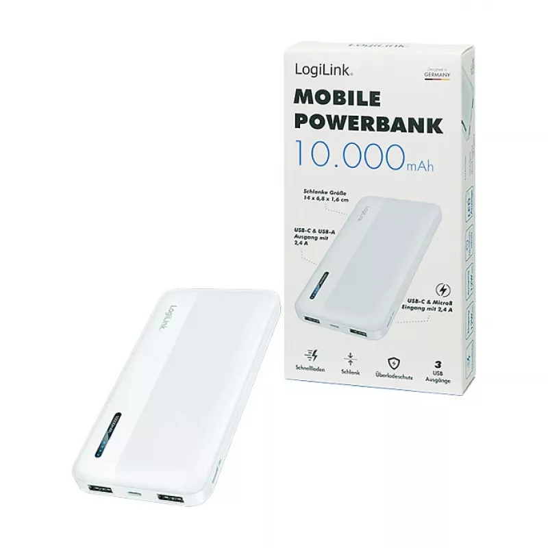 Batería externa móvil Logilink, LiPo, 10000 mAh, USB-C entrada/salida, blanco